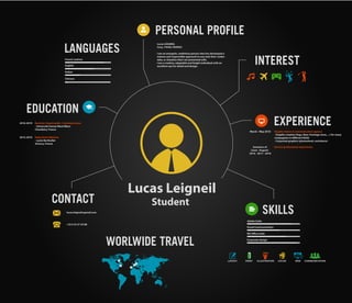 lucas.leigneil@gmail.com
+33 6 25 37 43 88
French (native)
COLORPRINT WEBILLUSTRATION COMMUNICATIONLAYOUT
English
Italian
Chinese
Lucas Leigneil
Student
Adobe Suite
MS Office Suite
Corporate design
Visual Communication
March - May 2018
Summers of
(June - August)
2016 - 2017 - 2018
Graphic intern in communication agency
- Graphic creation (logo, flyer, frontage store, ...) for many
compagnies in different fields
- Corporate graphics (photoshoot, assistance)
Various professional experiences
INTEREST
EXPERIENCE
SKILLS
CONTACT
EDUCATION
LANGUAGES
WORLWIDE TRAVEL
PERSONAL PROFILE
Lucas LEIGNEIL
Cusy, 74540, FRANCE
I am an energetic, ambitious person who has developed a
mature and responsible approach to any task that I under-
take, or situation that I am presented with.
I am a creative, adaptable and bright individual with an
excellent eye for detail and design.
2016-2019 Bachelor Hypermedia / Communication
- Université Savoie Mont Blanc
Chambéry, France
2012-2016 Highschool diploma
- Lycée Berthollet
Annecy, France
 