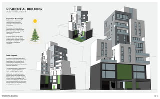 Basic Program:
An entrance, a reception area with a
dining room and a kitchen, open or not
depending on the concept, one or
more bedrooms (depending on the
planned surface types), and one parking
space per appartment.
The planned number of appartments is
as follows: 4 studios of 50m², 4 of
70m², 4 of 90m², and 4 of 110m².
Additionally, the building includes a
ground-floor access hall as well as a
70m² studio for a concierge. It also has
a 200m² party room available to all
owners and a 200m² gym. Finally, there
are three parking spaces on the ground
floor for visitors and 16 parking spaces
in the basement for owners.
RESIDENTIAL BUILDING
RESIDENTIAL BUILDING
02-1
2nd year - Architecture Studio 4
Inspiration & Concept
Trees grow in a cone shape to
optimize sunlight absorption,
especially in environments with
limited space.
This natural architecture allows
lower branches to capture sunlight
from various angles while tapering
towards the top minimizes
self-shading.
In narrow spaces, such as dense
forests or urban areas, this design
enables trees to efficiently compete
for sunlight, ensuring their growth
and survival in challenging
conditions.
 