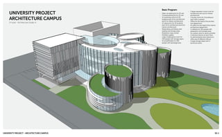 Basic Program:
- Open-air parking lot for 50 cars
- Covered parking lot for 20 cars
- 12 workshop rooms for 50
students each (6 for architecture
and 6 for interior architecture)
- 12 classrooms for 50 students
each (6 for architecture and 6 for
interior architecture)
- Media library and library with
reading and storage areas
- Bookstore (copy center)
- Exhibition gallery
- Large multipurpose room for
200 people with storage space
- An amphitheater for 200
people with backstage area
UNIVERSITY PROJECT - ARCHITECTURE CAMPUS
UNIVERSITY PROJECT
ARCHITECTURE CAMPUS
01-1
- 2 large evaluation rooms (one for
architecture and one for interior
architecture)
- 2 faculty rooms for 15 professors
each with a canteen
- Office for the head of the architec
ture department
- An office for the head of the interior
architecture department
- A cafeteria for 100 people with
preparation and storage areas
- An outdoor area for sports activities
- 2 restroom blocks on each floor
- An administrative block (director’s
office plus 8 different offices)
- A large storage depot with 4
technical rooms
2nd year - Architecture Studio 4
 