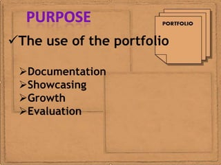 The use of the portfolio

 Documentation
 Showcasing
 Growth
 Evaluation
 