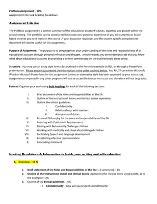 Portfolio Assignment – 50%
Assignment Criteria & Grading Breakdown

Assignment Criteria:

The Portfolio assignment is a written summary of the educational assistant’s duties, expertise and growth within the
school setting. The portfolio can be constructed to include yoru personal experience (if you are currently an EA) or
based on what you have learnt in the course (* your discussion responses and the student specific competencies
document will also be useful for this assignment).

Purpose of Assignment: The purpose is to bring together your understanding of the roles and responsibilities of an
educational assistant through personal reflection and thought. Anotherwords, you are to demonstrate that you know
what about educational assitants by providing a written commentary on the outlined topic areas below.

Structure: You may use an essay style format (as outlined in the Portfolio example on D2L) or through a PowerPoint
presentation. Please ensure you present the information in the order outlined below. You MUST use either Microsoft
Word or Microsoft PowerPoint for this assignment (unless an alternative style has been approved by your instructor).
Assignments completed in any other programs will not be accessible to your instructor and therefore will not be graded.

Format- Organize your work using bold headings for each of the following sections:

                   I.     Brief statement of the roles and responsibilities of the EA
                  II.     Outline of the Instructional duties and clertical duties seperately
                 III.     Outline the ethical guidelines
                                    i.     Confidentiality
                                   ii.     Relationshiops with teachers
                                  iii.     Acceptance of duties
                 IV.      Personal Philosophy for the roles and responsibilities of the EA
                  V.      Assisting with Curriculum Requirements
                 VI.      Dealing with Behaviorally Challenge children
                VII.      Working with medically and physically challenged children
                VIII.     Facilitating Speech and language development
                 IX.      Establishing effective communication
                  X.      Concluding statement



Grading Breakdown & Information to Guide your writing and self-evaluation:

    A. Overview – 10 %

           1.     Brief statement of the Roles and Responsibilities of the EA (1-2 sentences) – 2%
           2.     Outline of the Instructional duties and clerical duties seperately (this may be listed using bullets, as in
                  the example) – 2%
           3.     Outline of the Ethical guidelines: - 6%
                                Confidentiality – how will you respect confidentiality?
 
