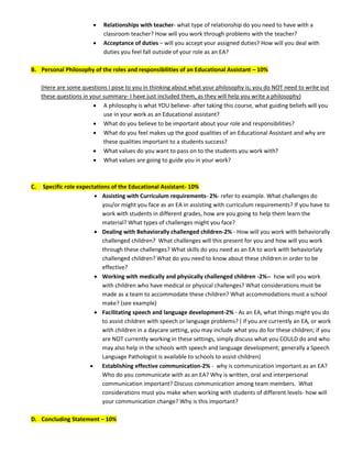    Relationships with teacher- what type of relationship do you need to have with a
                             classroom teacher? How will you work through problems with the teacher?
                            Acceptance of duties – will you accept your assigned duties? How will you deal with
                             duties you feel fall outside of your role as an EA?

B. Personal Philosophy of the roles and responsibilities of an Educational Assistant – 10%

     (Here are some questions I pose to you in thinking about what your philosophy is; you do NOT need to write out
     these questions in your summary- I have just included them, as they will help you write a philosophy)
                          A philosophy is what YOU believe- after taking this course, what guiding beliefs will you
                             use in your work as an Educational assistant?
                          What do you believe to be important about your role and responsibilities?
                          What do you feel makes up the good qualities of an Educational Assistant and why are
                             these qualities important to a students success?
                          What values do you want to pass on to the students you work with?
                          What values are going to guide you in your work?



C.   Specific role expectations of the Educational Assistant- 10%
                          Assisting with Curriculum requirements- 2%- refer to example. What challenges do
                             you/or might you face as an EA in assisting with curriculum requirements? If you have to
                             work with students in different grades, how are you going to help them learn the
                             material? What types of challenges might you face?
                          Dealing with Behaviorally challenged children-2% - How will you work with behaviorally
                             challenged children? What challenges will this present for you and how will you work
                             through these challenges? What skills do you need as an EA to work with behaviorlaly
                             challenged children? What do you need to know about these children in order to be
                             effective?
                          Working with medically and physically challenged children -2%-- how will you work
                             with children who have medical or physical challenges? What considerations must be
                             made as a team to accommodate these children? What accommodations must a school
                             make? (see example)
                          Facilitating speech and language development-2% - As an EA, what things might you do
                             to assist children with speech or language problems? ( if you are currently an EA, or work
                             with children in a daycare setting, you may include what you do for these children; if you
                             are NOT currently working in these settings, simply discuss what you COULD do and who
                             may also help in the schools with speech and language development; generally a Speech
                             Language Pathologist is available to schools to assist children)
                        Establishing effective communication-2% - why is communication important as an EA?
                             Who do you communicate with as an EA? Why is written, oral and interpersonal
                             communication important? Discuss communication among team members. What
                             considerations must you make when working with students of different levels- how will
                             your communication change? Why is this important?

D. Concluding Statement – 10%
 