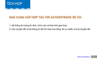 CHIẾN LƯỢC CHO
VINAMILK
27
TÍCH HỢP
1. Hệ thống đo lường ổn định, chính xác và theo thời gian thực
2. Các chuyển đổi có đủ thông tin để tính toán hoa hồng, tối ưu traffic và tỉ lệ chuyển đổi
NHÀ CUNG CẤP HỢP TÁC VỚI ACCESSTRADE SẼ CÓ:
www.accesstrade.vn 28
 