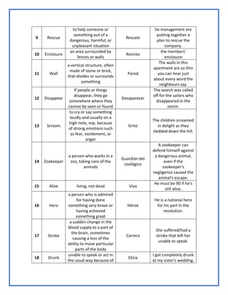 9 Rescue
to help someone or
something out of a
dangerous, harmful, or
unpleasant situation
Rescate
he management are
putting together a
plan to rescue the
company.
10 Enclosure
an area surrounded by
fences or walls
Recinto
the members'
enclosure
11 Wall
a vertical structure, often
made of stone or brick,
that divides or surrounds
something
Pared
The walls in this
apartment are so thin
you can hear just
about every word the
neighbours say.
12 Disappear
If people or things
disappear, they go
somewhere where they
cannot be seen or found
Desaparecer
The search was called
off for the sailors who
disappeared in the
storm.
13 Scream
to cry or say something
loudly and usually on a
high note, esp. because
of strong emotions such
as fear, excitement, or
anger
Grito
The children screamed
in delight as they
sledded down the hill.
14 Zookeeper
a person who works in a
zoo, taking care of the
animals
Guardián del
zoológico
A zookeeper can
defend himself against
a dangerous animal,
even if the
zookeeper's
negligence caused the
animal's escape.
15 Alive living, not dead Viva
He must be 90 if he's
still alive.
16 Hero
a person who is admired
for having done
something very brave or
having achieved
something great
Héroe
He is a national hero
for his part in the
revolution.
17 Stroke
a sudden change in the
blood supply to a part of
the brain, sometimes
causing a loss of the
ability to move particular
parts of the body
Carrera
She suffered/had a
stroke that left her
unable to speak.
18 Drunk
unable to speak or act in
the usual way because of
Ebria
I got completely drunk
at my sister's wedding.
 