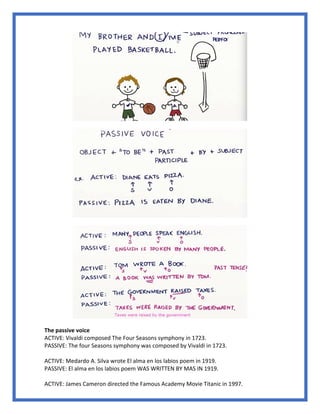 The passive voice
ACTIVE: Vivaldi composed The Four Seasons symphony in 1723.
PASSIVE: The four Seasons symphony was composed by Vivaldi in 1723.
ACTIVE: Medardo A. Silva wrote El alma en los labios poem in 1919.
PASSIVE: El alma en los labios poem WAS WRITTEN BY MAS IN 1919.
ACTIVE: James Cameron directed the Famous Academy Movie Titanic in 1997.
 