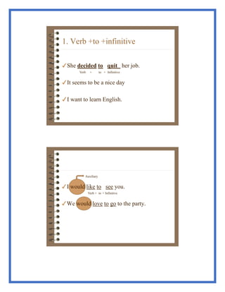 1. Verb +to +infinitive
!She decided to quit her job.
!It seems to be a nice day
!I want to learn English.
Verb + to + Infinitive
!I would like to see you.
!We would love to go to the party.
Auxiliary
Verb + to + Infinitive
 