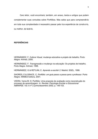 9



      Caro leitor, você encontrará, também, em anexo, textos e artigos que podem

complementar suas consultas sobre Portfólios. Mas saiba que para compreendê-lo

em toda sua complexidade é necessário passar pela rica experiência de construí-lo,

ou melhor, de tecê-lo.




REFERÊNCIAS




HERNÁNDEZ, F. Cultura Visual, mudança educativa e projeto de trabalho. Porto
Alegre: Artmed, 2000.

HERNÁNDEZ, F. Transgressão e mudança na educação: Os projetos de trabalho.
Porto Alegre: Artmed, 1998.

HERNÁNDEZ, G & RETLÁN, C. Aprendo a escribir 2. Madrid: SGEL, 1998.

SHORES, E & GRACE, C. Portfólio: um guia passo a passo para o professor. Porto
Alegre: ARMED Editora, 2001.

VIEIRA, Vania M. O. Portfólio: Uma proposta de avaliação como reconstrução do
processo de aprendizagem. In: Revista: Psicologia Escolar e Educacional
ABRAPEE. Vol. 6 nº 2 junho/dezembro 2002, p. 149-153.
 