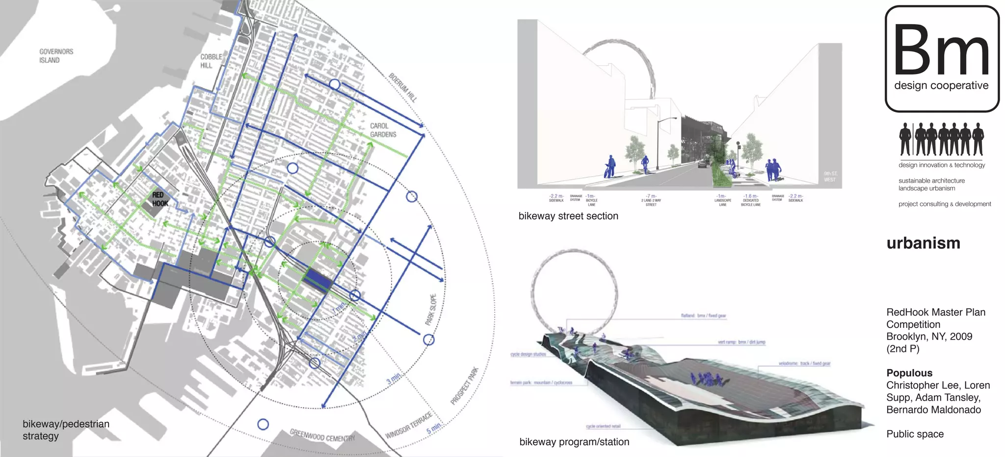 Bm
                                                design cooperative




                                                 design innovation & technology

                                                 sustainable architecture
                                                 landscape urbanism

                                                 project consulting & development

                     bikeway street section

                                               urbanism



                                               RedHook Master Plan
                                               Competition
                                               Brooklyn, NY, 2009
                                               (2nd P)

                                               Populous
                                               Christopher Lee, Loren
                                               Supp, Adam Tansley,
                                               Bernardo Maldonado
bikeway/pedestrian
strategy                                       Public space
                     bikeway program/station
 