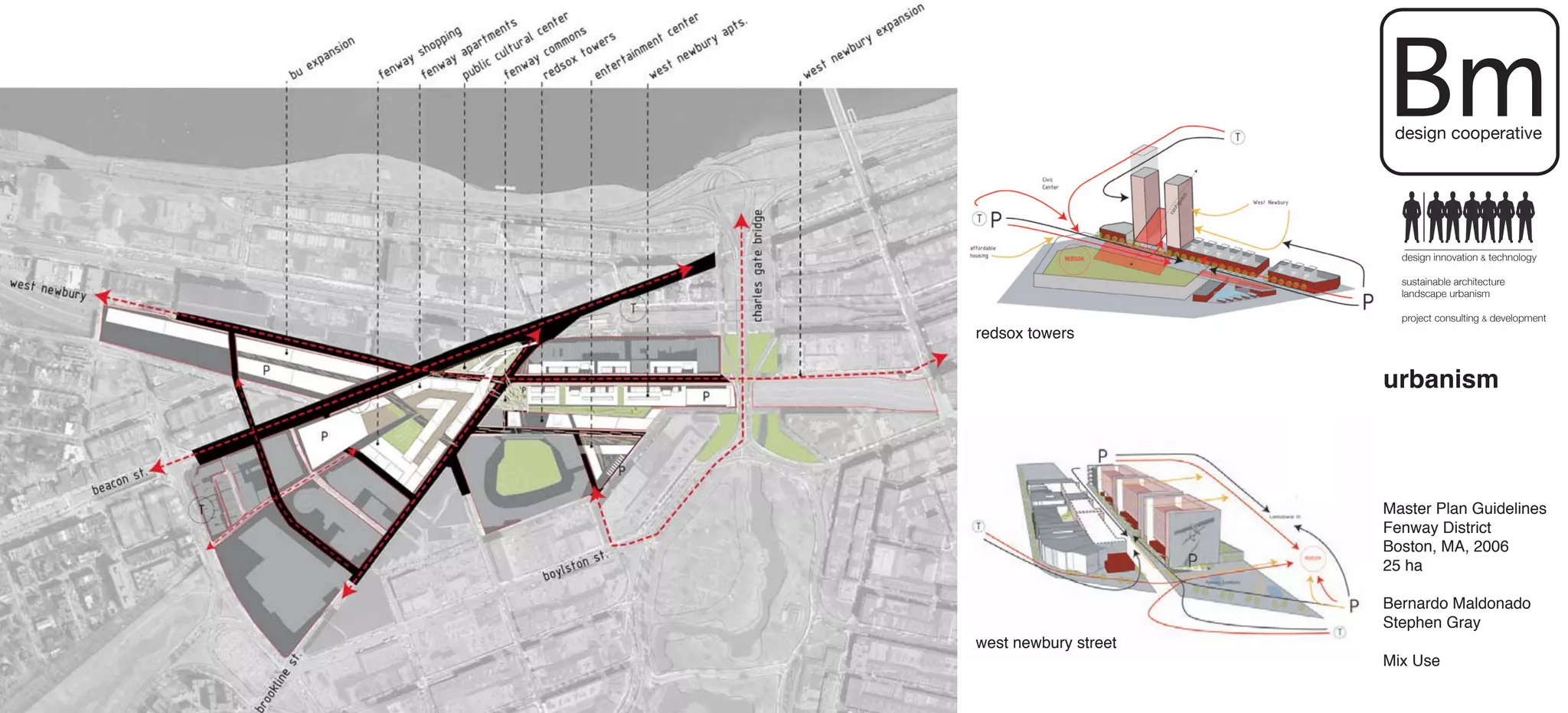 Bm
                       design cooperative




                        design innovation & technology

                        sustainable architecture
                        landscape urbanism

                        project consulting & development
redsox towers


                      urbanism



                      Master Plan Guidelines
                      Fenway District
                      Boston, MA, 2006
                      25 ha

                      Bernardo Maldonado
                      Stephen Gray
west newbury street
                      Mix Use
 