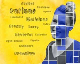 Anxious

Curious
Complicated

Dreamy

Ingenious

Malicious
Bossy

Cheerful
Open-minded

Generous

Naive

Sniveler

Hopeful

Stubborn

Creative

 