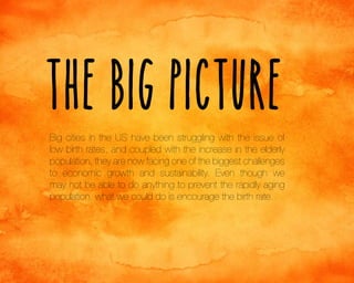 The Big Picture
Big cities in the US have been struggling with the issue of
low birth rates, and coupled with the increase in the elderly
population, they are now facing one of the biggest challenges
to economic growth and sustainability. Even though we
may not be able to do anything to prevent the rapidly aging
population, what we could do is encourage the birth rate.

 