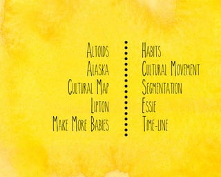 Altoids
Alaska
Cultural Map
Lipton
Make More Babies

Habits
Cultural Movement
Segmentation
Essie
Time line
-

 