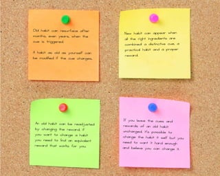 Old habit can resurface after
months, even years, when the
cue is triggered.
A habit as old as yourself can
be modified if the cue changes.

An old habit can be readjusted
by changing the reward, if
you want to change a habit
you need to find an equivalent
reward that works for you.

New habit can appear when
all the right ingredients are
combined: a distinctive cue, a
practical habit and a proper
reward.

If you leave the cues and
rewards of an old habit
unchanged, it’s possible to
change the habit it self but you
need to want it hard enough
and believe you can change it.

 