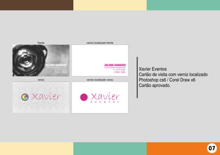 Xavíer Eventos
Cartão de visita com verniz localizado
Photoshop cs6 / Corel Draw x6
Cartão aprovado.
07
 