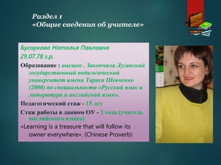 Бугоркова Наталья Павловна
29.07.78 г.р.
Образование : высшее . Закончила Луганский
государственный педагогический
университет имени Тараса Шевченко
(2000) по специальности «Русский язык и
литература и английский язык».
Педагогический стаж - 15 лет
Стаж работы в данном ОУ - 2 года (учитель
английского языка)
«Learning is a treasure that will follow its
owner everywhere». (Chinese Proverb)
Раздел 1
«Общие сведения об учителе»
 