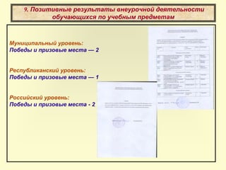 9. Позитивные результаты внеурочной деятельности
обучающихся по учебным предметам
Муниципальный уровень:
Победы и призовые места — 2
Республиканский уровень:
Победы и призовые места — 1
Российский уровень:
Победы и призовые места - 2
 