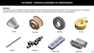 V6 ENGINE – DESIGN & ASSEMBLY OF COMPONENTS
Overview:
This project consists of design of individual components of a V6 Engine followed by the assembly of each components into a final engine
assembly. All the components have been designed and the final assembly have been carried out using SolidWorks.
Air Filter Belt Wheel Belt Wheel Air Turbo
Camshaft Crankshaft
Cylinder Head Engine Block 28
 