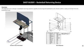 SHOT BUDDY – Basketball Returning Device
Isometric View of the Model 39Bill of Materials
Overview:
The objective was to design a basketball returning machine capable of returning the basketball to the shooter within a radius of 24 feet from the
basketball hoop.
 