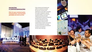 RECEPÇÕES
E CONFRATERNIZAÇÕES
Festas corporativas são momentos para
celebrar as conquistas da sua equipe.
Mas, para nós, é um exercício para
aprimorarmos as nossas ideias, as interações
com o público e planejarmos a operação
nos mínimos detalhes. E por isso que nos
orgulhamos de já termos executado
a Comemoração dos 100 anos do Campeonato
Paranaense para a Gazeta do Povo,
os 25 anos da Peróxidos em Curitiba,
os 10 milhões de clientes da TIM Sul
e posteriormente no Paraná e Santa Catarina,
os 10 anos da Brooksfield, cinco edições
das festas de final de ano do Grupo Boticário
e inúmeras outras para Bosch,
TIM, Vivo, Volvo e muito mais.
Mais do que comemorações
inesquecíveis, eventos bem
pensados do início ao fim.
 