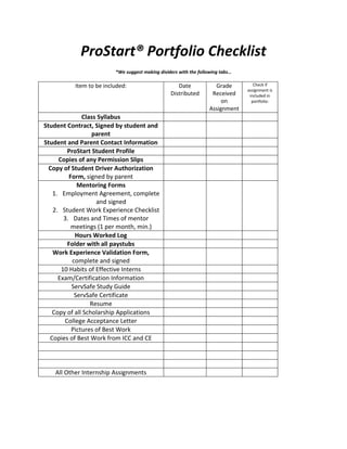 ProStart® Portfolio Checklist *We suggest making dividers with the following tabs… ,[object Object]