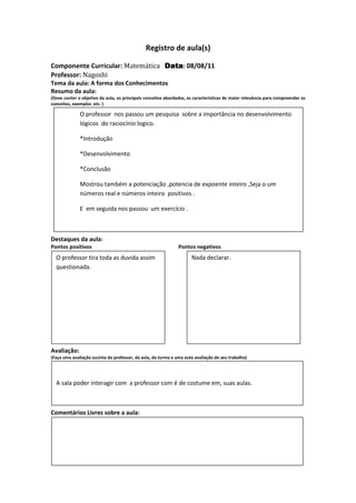 Registro de aula(s)

Componente Curricular: Matemática Data 08/08/11
                                  Data:
Professor: Nagoshi
Tema da aula: A forma dos Conhecimentos
Resumo da aula:
(Deve conter o objetivo da aula, os principais conceitos abordados, as características de maior relevância para compreender os
conceitos, exemplos etc. )

              O professor nos passou um pesquisa sobre a importância no desenvolvimento
              lógicos do raciocínio logico.

              *Introdução

              *Desenvolvimento

              *Conclusão

              Mostrou também a potenciação ,potencia de expoente inteiro ,Seja o um
              números real e números inteiro positivos .

              E em seguida nos passou um exercício .



Destaques da aula:
Pontos positivos                                               Pontos negativos
  O professor tira toda as duvida assim                              Nada declarar.
  questionada.




Avaliação:
(Faça uma avaliação sucinta do professor, da aula, da turma e uma auto avaliação de seu trabalho)




  A sala poder interagir com a professor com é de costume em, suas aulas.



Comentários Livres sobre a aula:
 