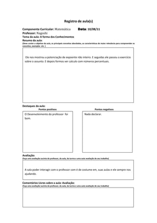 Registro de aula(s)

Componente Curricular: Matemática                             Data 10/08/11
                                                              Data:
Professor: Nagoshi
Tema da aula: A forma dos Conhecimentos
Resumo da aula:
(Deve conter o objetivo da aula, os principais conceitos abordados, as características de maior relevância para compreender os
conceitos, exemplos etc. )




   Ele nos mostrou a potenciação de expoente não inteiro. E seguidas ele passou o exercício
  sobre o assunto. E depois formos ver calculo com números percentuais.




Destaques da aula:
                  Pontos positivos                                               Pontos negativos
  O Desenvolvimento do professor foi                                 Nada declarar.
  bom.




Avaliação:
(Faça uma avaliação sucinta do professor, da aula, da turma e uma auto avaliação de seu trabalho)




  A sala poder interagir com o professor com é de costume em, suas aulas e ele sempre nos
  ajudando.


Comentários Livres sobre a aula: Avaliação:
(Faça uma avaliação sucinta do professor, da aula, da turma e uma auto avaliação de seu trabalho)
 