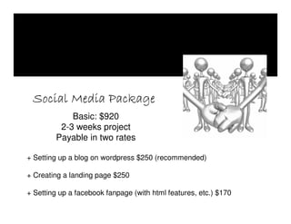 Social Media Package
            Basic: $920
         2-3 weeks project
        Payable in two rates

+ Setting up a blog on wordpress $250 (recommended)

+ Creating a landing page $250

+ Setting up a facebook fanpage (with html features, etc.) $170
 