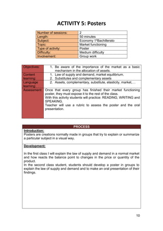 10
ACTIVITY 5: Posters
Number of sessions: 2
Length: 50 minutes
Subject: Economy 1ºBachillerato
Topic: Market functioning
Type of activity: Poster
Difficulty: Medium difficulty
Involvement: Group work
Objectives: 1. Be aware of the importance of the market as a basic
mechanism in the allocation of assets.
Content
learning:
1. Law of supply and demand, market equilibrium.
2. Substitutes and complementary assets
Language
learning:
2. Assets, complementary, substitute, elasticity, market,…
Assessment: Once that every group has finished their market functioning
poster, they must expose it to the rest of the class.
With this activity students will practice: READING, WRITING and
SPEAKING.
Teacher will use a rubric to assess the poster and the oral
presentation.
PROCESS
Introduction:
Posters are creations normally made in groups that try to explain or summarize
a particular subject in a visual way.
Development:
In the first class I will explain the law of supply and demand in a normal market
and how reacts the balance point to changes in the price or quantity of the
product.
In the second class student, students should develop a poster in groups to
explain the law of supply and demand and to make an oral presentation of their
findings.
 