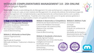 Descrição: Devido a vasta bibliograﬁa do Management 3.0, este workshop tem o objetivo de mergulhar
ainda mais fundo em cada um dos módulos do Management 3.0, através de práticas, ferramentas e jogos do
próprio Management 3.0. Complementando o aprofundamento do conhecimento teórico com o prático,
utilizando as estruturas libertadoras. Trazendo uma nova visão, este curso irá ajudar pessoas gestoras e
líderes há transformar as organizações e trazer uma gestão horizontal.
São 5 Módulos Complementares:
Módulo 1: Energizando Pessoas
Felicidade da pessoa colaboradora
Indivíduos e Interações
Recompensas e Incentivos
Cases & Benchmarking
Módulo 2: Alinhando as Restrições
Cultura Organizacional
Valores
Signiﬁcado & Propósito
Deﬁnição de Metas: Tradicional x Moderna
OKRs
Cases & Benchmarking
MÓDULOS COMPLEMENTARES MANAGEMENT 3.0 - 25h ONLINE
Oﬁcial Jurgen Appelo
Módulo 3: Desenvolva a Competência
Ambiente de desenvolvimento contínuo
Cultura de Feedback Horizontal
Comunicação não violenta (CNV)
Melhore suas reuniões
Colaboração
Cases & Benchmarking
Módulo 4: Escalando a Estrutura
Gestão Ágil de Produto
Trabalhando com times distribuídos
Inteligência Emocional
Facilitação virtual
Recrutamento & Seleção
Onboarding
Cases & Benchmarking
Módulo 5: Melhore Tudo
Economia Criativa
Inovação
Diversidade
Criando um ambiente de
conﬁança
Atividades de formação e
desenvolvimento de Times
Cases & Benchmarking
 
