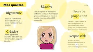 Mes qualités
Je sais apporter de
nouvelles idées dans les
domaines dans lesquels
j’excelle.
Toujours à l’affut de la
dernière tendance, je
saurai m’adapter à toute
situation
Je suis capable de m’adapter à
différents secteurs d’activités en
proposant toujours un travail de
qualité avec des délais 100%
respectés.
Je mets un point
d’honneur à respecter le
brief client et tout en
etant force de proposition.
Jamais à court d’idées, je
saurai toujours vous
proposer une solution
adéquate pour répondre à
l’ensemble de vos besoins
Créative
Rigoureuse
Réactive
Responsable
Force de
proposition
 