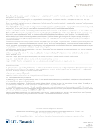 PORTFOLIO COMPASS




Munis – Short-term: Bonds issued by various state and local governments to fund public projects. The income from these bonds is generally free from federal taxes. These bonds generally
have maturities of less than three years.
Munis – Intermediate: Bonds issued by various state and local governments to fund public projects. The income from these bonds is generally free from federal taxes. These bonds
generally have maturities of between 3 and 10 years.
Munis – Long-term: Bonds issued by various state and local governments to fund public projects. The income from these bonds is generally free from federal taxes. These bonds generally
have maturities of more than 10 years.
Munis – High Yield: Bonds issued by various state and local governments to fund public projects. The income from these bonds is generally free from federal taxes. These bonds generally
offer higher yields than other types of bonds, but they are also more vulnerable to economic and credit risk. These bonds are rated BB+ and below.
Treasuries: A marketable, fixed-interest U.S. government debt security. Treasury bonds make interest payments semi-annually and the income that holders receive is only taxed at the federal level.
TIPS (Treasury Inflation Protected Securities): A special type of Treasury note or bond that offers protection from inflation. Like other Treasuries, an inflation-indexed security pays interest every six
months and pays the principal when the security matures. The difference is that the underlying principal is automatically adjusted for inflation as measured by the consumer price index (CPI).
Mortgage-Backed Securities: A type of asset-backed security that is secured by a mortgage or collection of mortgages. These securities must also be grouped in one of the top two ratings as
determined by a accredited credit rating agency, and usually pay periodic payments that are similar to coupon payments. Furthermore, the mortgage must have originated from a regulated and
authorized financial institution.
Investment-Grade Corporates: Securities issued by corporations with a credit ratning of BBB- or higher. Bond rating firms, such as Standard & Poor’s, use different designations consisting of upper- and
lower-case letters ‘A’ and ‘B’ to identify a bond’s investment grade credit quality rating. ‘AAA’ and ‘AA’ (high credit quality) and ‘A’ and ‘BBB’ (medium credit quality) are considered investment grade.
Preferred Stocks: A class of ownership in a corporation that has a higher claim on the assets and earnings than common stock. Preferred stock generally has a dividend that must be paid
out before dividends to common stockholders and the shares usually do not have voting rights.
High-Yield Corporates: Securities issued by corporations with a credit rating of BB+ and below. These bonds generally offer higher yields than investment grade bonds, but they are also
more vulnerable to economic and credit risk.
Bank Loans: In exchange for their credit risk, these floating-rate bank loans offer interest payments that typically float above a common short-term benchmark such as the London
interbank offered rate, or LIBOR.
Foreign Bonds – Hedged: Non-U.S. fixed income securities generally from investment grade issuers in developed countries, with hedged currency exposure.
Foreign Bonds – Unhedged: Non-U.S. fixed income securities normally denominated in major foreign currencies.
Emerging Market Debt: The debt of sovereigns, agencies, local issues, and corporations of emerging markets countries and subject to currency risk.


IMPORTANT DISCLOSURES
The opinions voiced in this material are for general information only and are not intended to provide or be construed as providing specific investment advice or recommendations for any
individual. To determine which investments may be appropriate for you, consult your financial advisor prior to investing. All performance referenced is historical and is no guarantee of
future results. All indexes are unmanaged and cannot be invested into directly.
Past performance is no guarantee of future results.
Long positions may decline as short positions rise, thereby accelerating potential losses to the investor.
Stock investing involves risk including loss of principal.
The Standard & Poor’s 500 Index is a capitalization-weighted index of 500 stocks designed to measure performance of the broad domestic economy through changes in the aggregate
market value of 500 stocks representing all major industries.
MSCI EAFE is made up of approximately 1,045 equity securities issued by companies located in 19 countries and listed on the stock exchanges of Europe, Australia, and the Far East. All
values are expressed in U.S. dollars. All values are expressed in US dollars. Past performance is no guarantee of future results.
The Russell 3000 Index measures the performance of the 3,000 largest U.S. companies based on total market capitalization, which represents approximately 98% of the investable U.S.
equity market. As of the latest reconstitution, the average market capitalization was approximately $4 billion; the median market capitalization was approximately $700 million. The index
had a total market capitalization range of approximately $309 billion to $128 million.
Quantitative Easing is a government monetary policy occasionally used to increase the money supply by buying government securities or other securities from the market. Quantitative
easing increases the money supply by flooding financial institutions with capital in an effort to promote increased lending and liquidity.




                                                                       This research material has been prepared by LPL Financial.
                       To the extent you are receiving investment advice from a separately registered independent investment advisor, please note that LPL Financial is not
                                                              an affiliate of and makes no representation with respect to such entity.

                     Not FDIC or NCUA/NCUSIF Insured | No Bank or Credit Union Guarantee | May Lose Value | Not Guaranteed by any Government Agency | Not a Bank/Credit Union Deposit




                                                                                                                                                                                      Member FINRA/SIPC
                                                                                                                                                                                               Page 7 of 7
                                                                                                                                                                                           RES 3868 0912
                                                                                                                                                                           Tracking #1-097676 (Exp. 09/13)
 