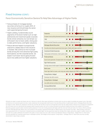 PORTFOLIO COMPASS



Fixed Income (CONT.)
Favor Economically Sensitive Sectors To Help Take Advantage of Higher Yields

ƒƒ Fed purchases of mortgage-backed




                                                                                                                                                         Fundamentals
   securities will amount to roughly 50% of




                                                                                                                                                                        Technicals

                                                                                                                                                                                     Valuations


                                                                                                                                                                                                  Negative
   new issuance and should keep the sector




                                                                                                                                                                                                                          Positive
                                                                                                                                                                                                             Neutral
   well supported going forward.
ƒƒ Higher yielding, fundamentally sound
                                                                                                       Treasuries                                         n              n            n
   segments of the bond market such as high-
   yield bonds and investment-grade corporate                                                          European issues putting downward pressure on yields, keeping Treasuries expensive.
   bonds remain attractive, but we temper our                                                          TIPS                                               n              n            n
   enthusiasm due to lower yields, strong year-
                                                                                                       Prefer to nominal Treasuries as easy monetary policy is inflationary over time.
   to-date performance, and higher valuations.
ƒƒ Robust demand helped municipal bonds                                                                Mortgage-Backed Securities                         n              n            n
   overcome a steady dose of new issuance
                                                                             Taxable Bonds – U.S.



                                                                                                       Currently most attractive government bond option. Stable yield range a positive.
   in October. We continue to find municipal
                                                                                                       Investment-Grade Corporates                        n              n            n
   bonds among the more attractive high-quality
   bond options, but like corporate bonds, we                                                          Yield spreads still attractive. Credit quality stable.
   expect much lower returns going forward
                                                                                                       Preferred Stocks                                   n              n            n
   due to low yields and now higher valuations.
                                                                                                       Good income generator. European bank risks manageable.

                                                                                                       High-Yield Corporates                              n              n            n
                                                                                                       Earnings season should support fundamentals and 6.0% yield spread is attractive.

                                                                                                       Bank Loans                                         n              n            n
                                                                                                       Prefer High-Yield for income, with rising rate catalyst delayed with FOMC on hold until late-2014.

                                                                                                       Foreign Bonds – Hedged                             n              n            n
                                                                             Taxable Bonds – Foreign




                                                                                                       Sovereign risks still a concern.

                                                                                                       Foreign Bonds – Unhedged                           n              n            n
                                                                                                       Low yields and euro currency risk a concern.

                                                                                                       Emerging Market Debt                               n              n            n
                                                                                                       Fundamentals and valuations attractive but sensitive to European risks.




All bonds are subject to market and interest rate risk if sold prior to maturity. Bond values will decline as interest rates rise and are subject to availably and change in price. High yield/
junk bonds are not investment grade securities, involve substantial risks and generally should be part of the diversified portfolio of sophisticated investors. Mortgage Backed Securities
are subject to credit, default risk, prepayment risk that acts much like call risk when you get your principal back sooner than the stated maturity, extension risk, the opposite of prepayment
risk, and interest rate risk. International and emerging market investing involves risks such as currency fluctuation and political instability and may not be suitable for all investors.
Bank loans are loans issued by below investment grade companies for short term funding purposes with higher yield than short-term debt and involve risk. Treasury inflation-protected
securities (TIPS) help eliminate inflation risk to your portfolio as the principal is adjusted semiannually for inflation based on the Consumer Price Index - while providing a real rate of
return guaranteed by the U.S. Government. Corporate bonds are considered higher risk than government bonds but normally offer a higher yield and are subject to market, interest rate
and credit risk as well as additional risks based on the quality of issuer coupon rate, price, yield, maturity and redemption features. Foreign Bonds – Hedged: Non-U.S. fixed income
securities generally from investment grade issuers in developed countries, with hedged currency exposure. Foreign Bonds – Unhedged: Non-U.S. fixed income securities normally
denominated in major foreign currencies.



LPL Financial Member FINRA/SIPC		                                                                                                                                                                                      Page 5 of 7
 