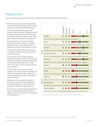 PORTFOLIO COMPASS



Equity Sectors
Favor Cyclical Sectors Into 2013, Consistent With Base Case Outlook

ƒƒ We favor cyclical sectors for the balance of




                                                                                                                                                                                                             SP 500 Weight (%)
   2012 and into 2013, consistent with our base




                                                                                                                                 Fundamentals
   case view in the Outlook 2013 publication.




                                                                                                                                                Technicals

                                                                                                                                                             Valuations


                                                                                                                                                                          Negative
ƒƒ Our recently lowered technology view




                                                                                                                                                                                                  Positive
                                                                                                                                                                                        Neutral
   remains modestly positive. Disappointing Q3
   earnings hurt the sector, but a likely pickup
   in business spending, mobility trends, huge                                        Materials                                   n              n            n                                              3.5
   cash hordes, and valuations are supportive.                                        QE3 and early signs of a pickup in Chinese economic growth are supportive.
ƒƒ Our industrials view remains modestly                                              Energy                                                                                                                 11.1
                                                                                                                                  n              n            n
   positive. We expect a pickup in business
   spending in the months ahead, and a so-                                            QE3, China, and valuations help, but challenging demand outlook and difficult regulatory environment.
   called soft landing (7 – 8% growth) in China.                                      Industrials                                 n              n            n                                              10.0
ƒƒ We expect the Fed’s QE3 and early signs                                            Still expect pickup in business spending and Chinese growth, with fiscal cliff the key risk.
                                                                          Cyclical




   of a pickup in Chinese economic growth to
   support materials.                                                                 Consumer Discretionary                      n              n            n                                              11.4

ƒƒ A strong start to the holiday shopping                                             Strong start to holiday shopping season, help from housing, but valuations temper our enthusiasm.
   season and ongoing recovery in the housing                                         Technology                                  n              n            n                                              19.3
   market have helped consumer discretionary,
   the top-performing sector over the past                                            Earnings weakness has hurt, but mobility trend, valuations, and huge cash hordes are supportive.

   month. Our view remains neutral amid still-                                        Financials                                  n              n            n                                              15.1
   lofty valuations.
                                                                                      Top sector YTD on Europe, housing, and valuations; still tough regulatory, interest rate environment.
ƒƒ Our financials view remains modestly
   negative. The sector remains this year’s top                                       Utilities                                   n              n            n                                                3.4
   performer and is attractively valued, but it                                       Dividend tax rates, Sandy, valuations, and higher interest rates are biggest risks; worst sector YTD.
   faces a challenging regulatory and interest
                                                                                      Health Care                                 n              n            n                                              12.2
   rate environment.
                                                                          Defensive




ƒƒ Utilities are the worst-performing SP                                             Valuations supportive; reform here to stay, providing certainty as well as winners and losers.

   sector since the election amid prospects                                           Consumer Staples                            n              n            n                                              10.9
   for higher dividend tax rates, fallout from
                                                                                      Renewed margin pressure from rising commodities prices and unfavorable seasonals are concerns.
   Superstorm Sandy, and high valuations.
ƒƒ We continue to under-emphasize defensive                                           Telecommunications                          n              n            n                                                3.1

   sectors, although these sectors may do                                             Dividend tax rates, valuations, and intensifying competition are key risks, but yields are attractive.
   relatively well in the short term around fiscal
   cliff negotiations.                                                  * For more detailed information, please refer to the quarterly Sector Strategy publication.




Because of their narrow focus, sector investing will be subject to greater volatility than investing more broadly across many sectors and companies.

LPL Financial Member FINRA/SIPC		                                                                                                                                                                      Page 3 of 7
 
