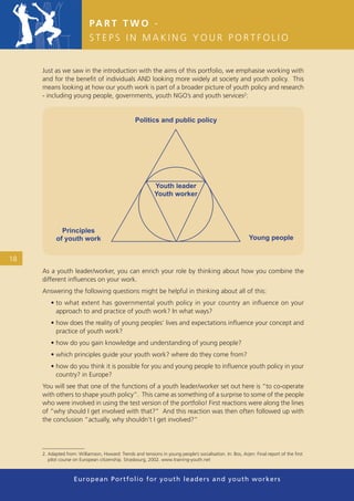 PA R T T W O -
                            STEPS IN MAKING YOUR PORTFOLIO


     Just as we saw in the introduction with the aims of this portfolio, we emphasise working with
     and for the beneﬁt of individuals AND looking more widely at society and youth policy. This
     means looking at how our youth work is part of a broader picture of youth policy and research
     - including young people, governments, youth NGO’s and youth services2:


                                                   Politics and public policy




                                                            Youth leader
                                                            Youth worker




             Principles
           of youth work                                                                                    Young people


18
     As a youth leader/worker, you can enrich your role by thinking about how you combine the
     different inﬂuences on your work.
     Answering the following questions might be helpful in thinking about all of this:
         • to what extent has governmental youth policy in your country an inﬂuence on your
           approach to and practice of youth work? In what ways?
         • how does the reality of young peoples’ lives and expectations inﬂuence your concept and
           practice of youth work?
         • how do you gain knowledge and understanding of young people?
         • which principles guide your youth work? where do they come from?
         • how do you think it is possible for you and young people to inﬂuence youth policy in your
           country? in Europe?
     You will see that one of the functions of a youth leader/worker set out here is “to co-operate
     with others to shape youth policy”. This came as something of a surprise to some of the people
     who were involved in using the test version of the portfolio! First reactions were along the lines
     of “why should I get involved with that?” And this reaction was then often followed up with
     the conclusion “actually, why shouldn’t I get involved?”




     2. Adapted from: Williamson, Howard: Trends and tensions in young people’s socialisation. In: Bos, Arjen: Final report of the ﬁrst
        pilot course on European citizenship. Strasbourg, 2002. www.training-youth.net



                    European Portfolio fo r y o u t h l e a d e r s a n d y o u t h wo r k e r s
 