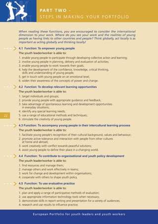 PA R T T W O -
                      STEPS IN MAKING YOUR PORTFOLIO


     When reading these functions, you are encouraged to consider the international
     dimension to your work. Where do you see your work and the realities of young
     people as having links to other countries and people? Think globally, act locally is as
     important as acting globally and thinking locally!

     4.1 Function: To empower young people
     The youth leader/worker is able to:
     1. enable young people to participate through developing collective action and learning;
     2. involve young people in planning, delivery and evaluation of activities;
     3. enable young people to work towards their goals;
     4. help the development of the conﬁdence, knowledge, critical thinking,
        skills and understanding of young people;
     5. get in touch with young people on an emotional level;
     6. widen their awareness of the concepts of power and change.

     4.2 Function: To develop relevant learning opportunities
     The youth leader/worker is able to:
     1. target individuals and groups;
     2. provide young people with appropriate guidance and feedback;
     3. take advantage of spontaneous learning and development opportunities
        in everyday situations;
     4. identify any special learning needs;
22   5. use a range of educational methods and techniques;
     6. stimulate the creativity of young people.

     4.3 Function: To accompany young people in their intercultural learning process
     The youth leader/worker is able to:
     1. facilitate young people’s recognition of their cultural background, values and behaviour;
     2. promote active tolerance and interaction with people from other cultures
        at home and abroad;
     3. work creatively with conﬂict towards peaceful solutions;
     4. assist young people to deﬁne their place in a changing world.

     4.4 Function: To contribute to organisational and youth policy development
     The youth leader/worker is able to:
     1. ﬁnd resources and manage them;
     2. manage others and work effectively in teams;
     3. work for change and development within organisations;
     4. cooperate with others to shape youth policy.

     4.5 Function: To use evaluative practice
     The youth leader/worker is able to:
     1. plan and apply a range of participative methods of evaluation;
     2. use appropriate information technology tools when necessary;
     3. demonstrate skills in report writing and presentation for a variety of audiences;
     4. research and use results to inﬂuence practice.


                European Portfolio fo r y o u t h l e a d e r s a n d y o u t h wo r k e r s
 