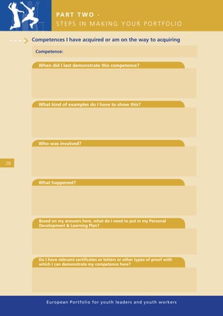 PA R T T W O -
                STEPS IN MAKING YOUR PORTFOLIO

     Competences I have acquired or am on the way to acquiring

      Competence:


       When did I last demonstrate this competence?




       What kind of examples do I have to show this?




       Who was involved?



28



       What happened?




       Based on my answers here, what do I need to put in my Personal
       Development & Learning Plan?




       Do I have relevant certiﬁcates or letters or other types of proof with
       which I can demonstrate my competence here?




           European Portfolio fo r y o u t h l e a d e r s a n d y o u t h wo r k e r s
 