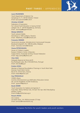PA R T T H R E E - A P P E N D I C E S

Laura PAUNONEN
Youth Department of Helsinki City
Saniaiskuja 4 s 71, 00730 Helsinki, Finland
Email: laura.paunonen@nk.hel.ﬁ
Christian SCHARF
Federation of Association
for Cultural Youth Education in Saxony-Anhalt
Liebigstr. 05, D - 39104 Magdeburg, Germany
Email : exchange@jugend-lsa.de
Mateja GERJEVIC
Youth network MaMa
Kersnikova 4, 1000 Ljubljana, Slovenia
Email : Mladinska_mreza@hotmail.com
Françoise CREMER
Service de la Jeunesse, Ministère de la Communauté française
Boulevard Léopold II, 44, 1080 Bruxelles, Belgique
Email : francoise.cremer@cfwb.be
Oxana PETROVSKAYA
House of Children’s Leaders
Russian Children’s Centre «Orlyonok»
Tuapse district, Krasnodar territory, Russian Federation
Email: vega_kseniya@yahoo.com
Vitor DIAS                                                                             49
Delegado Regional do Porto do IPJ
Rua Rodrigues Lobo, 98, 4150-638 Porto, Portugal
Email: vitor.dias@ipj.pt
Eneken KOKA
Member of National Roundtable of Trainings in Youth Work Field
Estonian Youth Work Centre
Riia 9-70, 51010 Tartu, Estonia
Email: eneken@yahoo.com
Guy PENSAVALLE
CEMEA Alsace
(Centres d’Entrainement aux Méthodes d’Education Active)
40, rue de l’Engelbreit, 67200 Strasbourg
Email : guytoufr@yahoo.fr
Basak DEMIR
Youth Association for Habitat and Agenda 21
Fulya Mah. Mevlut Pehlivan Sok, Ali Sami Yen Apt. 8A/2 Mecidiyekoy
Istanbul, Turkey
Email info@youthforhab.org.tr
Rosario ROSSI
Arci Catania
Via Paolo Vasta, 141 95024 Acireale (CT) Italy
Email: sarorossi@misterobuffo.org



        European Portfolio fo r y o u t h l e a d e r s a n d y o u t h wo r k e r s
 