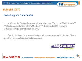 SUMMIT X670
Switching em Data Center
• Implementações de Scalable Virtual Machine (VM) com Direct Attach™
(VEPA) para switching inter-VM e XNV™ (ExtremeXOS® Network
Virtualization) para mobilidade de VM
• Opção de fluxo de ar reversível para fornecer separação de alas frias e
quentes nas instalações de data centers
 