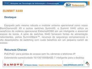 SUMMIT X440
Destaque
Equipado pelo mesmo robusto e modular sistema operacional como nosso
BlackDiamond® X8 e outros switches Summit®, o Summit X440 utiliza os
benefícios do sistema operacional ExtremeXOS® em um inteligente e acessível
acesso de borda. A série de switches X440 fornecem fontes de alimentação
redundantes, portas SummitStack™, recursos de segurança compreensivos e
alto desempenho de switching com custo benefício em um pequeno switch de
acesso.
Recursos Chaves
PoE/PoE+ para pontos de acesso sem fio, câmeras e telefones IP
Estendendo conectividade 10/100/1000BASE-T inteligente para o desktop
 