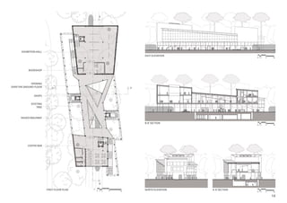 13
first FLOOR PLAN NORTH ELEVATION A-A’SECTION
b-b’SECTION
EAST ELEVATION
A’A
B’
B
0 1 2 5 10
0 1 2 5 10
0 1 2 5 10
0 1 2 5 10
exhibition hall
BOOKSHOP
SHOPS
OPENING
OVER THE GROUND FLOOR
RAISED WALKWAY
COFFEE BAR
EXISTING
TREE
 