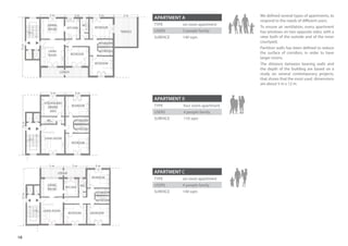 18
We defined several types of apartments, to
respond to the needs of different users.
To ensure air ventilation, every apartment
has windows on two opposite sides, with a
view both of the outside and of the inner
courtyard.
Partition walls has been defined to reduce
the surface of corridors, in order to have
larger rooms.
The distance between bearing walls and
the depth of the building are based on a
study on several contemporary projects,
that shows that the most used dimensions
are about 5 m x 12 m.
APARTMENT A
TYPE six room apartment
USERS 5 people family
SURFACE 140 sqm
APARTMENT B
TYPE four room apartment
USERS 4 people family
SURFACE 110 sqm
APARTMENT C
TYPE six room apartment
USERS 4 people family
SURFACE 140 sqm
WC
KITCHEN AND
DINING
AREA
LIVING ROOM
BEDROOM
BEDROOM
BATHROOM
BATHROOM
5 m5 m
12m
KITCHEN
WCDINING
ROOM
LIVING
ROOM BEDROOM
BEDROOM
BATHROOM
BATHROOM
BEDROOM
5 m 5 m 5 m 5 m
12m
TERRACE
LOGGIA
KITCHEN WCLIVING
ROOM
LIVING ROOM
BEDROOM BEDROOM
BATHROOM
BATHROOM
BEDROOM
5 m5 m
12m
5 m
LOGGIA
 