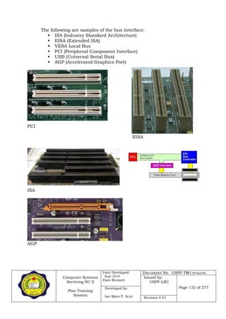 Computer Systems
Servicing NC II
Plan Training
Session
Date Developed:
Sept 2019
Date Revised:
Document No. USPF-TM1-2019-batch #34
Issued by:
USPF-LRC
Page 132 of 277Developed by:
Ian Mars P. Acut Revision # 01
The following are samples of the bus interface:
 ISA (Industry Standard Architecture)
 EISA (Extended ISA)
 VESA Local Bus
 PCI (Peripheral Component Interface)
 USB (Universal Serial Bus)
 AGP (Accelerated Graphics Port)
PCI
EISA
ISA
AGP
 