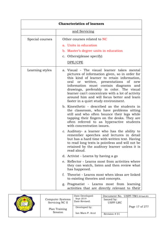 Computer Systems
Servicing NC II
Plan Training
Session
Date Developed:
Sept 2019
Date Revised:
Document No. USPF-TM1-2019-batch #34
Issued by:
USPF-LRC
Page 17 of 277Developed by:
Ian Mars P. Acut Revision # 01
Characteristics of learners
and Servicing
Special courses Other courses related to NC
a. Units in education
b. Master’s degree units in education
c. Others(please specify)
DPE/CPE
Learning styles a. Visual - The visual learner takes mental
pictures of information given, so in order for
this kind of learner to retain information,
oral or written, presentations of new
information must contain diagrams and
drawings, preferably in color. The visual
learner can't concentrate with a lot of activity
around him and will focus better and learn
faster in a quiet study environment.
b. Kinesthetic - described as the students in
the classroom, who have problems sitting
still and who often bounce their legs while
tapping their fingers on the desks. They are
often referred to as hyperactive students
with concentration issues.
c. Auditory- a learner who has the ability to
remember speeches and lectures in detail
but has a hard time with written text. Having
to read long texts is pointless and will not be
retained by the auditory learner unless it is
read aloud.
d. Activist - Learns by having a go
e. Reflector - Learns most from activities where
they can watch, listen and then review what
has happened.
f. Theorist - Learns most when ideas are linked
to existing theories and concepts.
g. Pragmatist - Learns most from learning
activities that are directly relevant to their
 