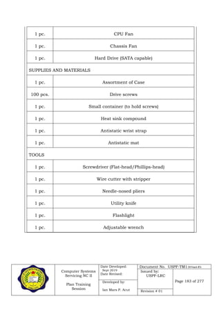 Computer Systems
Servicing NC II
Plan Training
Session
Date Developed:
Sept 2019
Date Revised:
Document No. USPF-TM1-2019-batch #34
Issued by:
USPF-LRC
Page 183 of 277Developed by:
Ian Mars P. Acut Revision # 01
1 pc. CPU Fan
1 pc. Chassis Fan
1 pc. Hard Drive (SATA capable)
SUPPLIES AND MATERIALS
1 pc. Assortment of Case
100 pcs. Drive screws
1 pc. Small container (to hold screws)
1 pc. Heat sink compound
1 pc. Antistatic wrist strap
1 pc. Antistatic mat
TOOLS
1 pc. Screwdriver (Flat-head/Phillips-head)
1 pc. Wire cutter with stripper
1 pc. Needle-nosed pliers
1 pc. Utility knife
1 pc. Flashlight
1 pc. Adjustable wrench
 