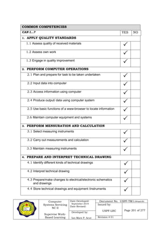 Computer
Systems Servicing
NC II
Supervise Work-
Based Learning
Date Developed:
September 2019
Date Revised:
Document No. USPF-TM1-2109-batch #34
Issued by:
USPF-LRC Page 201 of 277
Developed by:
Ian Mars P. Acut Revision # 01
COMMON COMPETENCIES
CAN I…? YES NO
1. APPLY QUALITY STANDARDS
1.1 Assess quality of received materials

1.2 Assess own work

1.3 Engage in quality improvement

2. PERFORM COMPUTER OPERATIONS
2.1 Plan and prepare for task to be taken undertaken

2.2 Input data into computer

2.3 Access information using computer

2.4 Produce output/ data using computer system

2.5 Use basic functions of a www-browser to locate information

2.6 Maintain computer equipment and systems

3. PERFORM MENSURATION AND CALCULATION
3.1 Select measuring instruments

3.2 Carry out measurements and calculation

3.3 Maintain measuring instruments

4. PREPARE AND INTERPRET TECHNICAL DRAWING
4.1 Identify different kinds of technical drawings

4.2 Interpret technical drawing

4.3 Prepare/make changes to electrical/electronic schematics
and drawings 
4.4 Store technical drawings and equipment /instruments

 