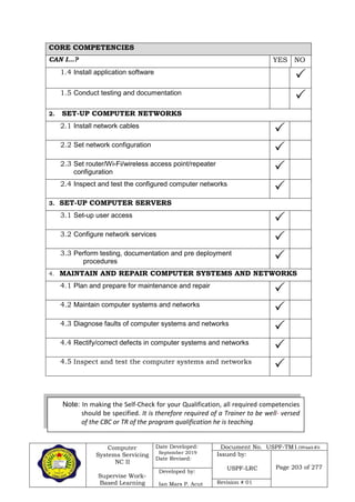 Computer
Systems Servicing
NC II
Supervise Work-
Based Learning
Date Developed:
September 2019
Date Revised:
Document No. USPF-TM1-2109-batch #34
Issued by:
USPF-LRC Page 203 of 277
Developed by:
Ian Mars P. Acut Revision # 01
CORE COMPETENCIES
CAN I…? YES NO
1.4 Install application software

1.5 Conduct testing and documentation

2. SET-UP COMPUTER NETWORKS
2.1 Install network cables

2.2 Set network configuration

2.3 Set router/Wi-Fi/wireless access point/repeater
configuration 
2.4 Inspect and test the configured computer networks

3. SET-UP COMPUTER SERVERS
3.1 Set-up user access

3.2 Configure network services

3.3 Perform testing, documentation and pre deployment
procedures 
4. MAINTAIN AND REPAIR COMPUTER SYSTEMS AND NETWORKS
4.1 Plan and prepare for maintenance and repair

4.2 Maintain computer systems and networks

4.3 Diagnose faults of computer systems and networks

4.4 Rectify/correct defects in computer systems and networks

4.5 Inspect and test the computer systems and networks

Note: In making the Self-Check for your Qualification, all required competencies
should be specified. It is therefore required of a Trainer to be well- versed
of the CBC or TR of the program qualification he is teaching.
 