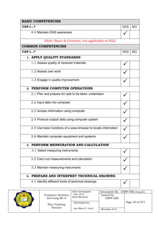 Computer Systems
Servicing NC II
Plan Training
Session
Date Developed:
Sept 2019
Date Revised:
Document No. USPF-TM1-2019-batch #34
Issued by:
USPF-LRC
Page 20 of 277Developed by:
Ian Mars P. Acut Revision # 01
BASIC COMPETENCIES
CAN I…? YES NO
4.4 Maintain OHS awareness

(Note: Basic & Common, not applicable to ESL)
COMMON COMPETENCIES
CAN I…? YES NO
1. APPLY QUALITY STANDARDS
1.1 Assess quality of received materials

1.2 Assess own work

1.3 Engage in quality improvement

2. PERFORM COMPUTER OPERATIONS
2.1 Plan and prepare for task to be taken undertaken

2.2 Input data into computer

2.3 Access information using computer

2.4 Produce output/ data using computer system

2.5 Use basic functions of a www-browser to locate information

2.6 Maintain computer equipment and systems

3. PERFORM MENSURATION AND CALCULATION
3.1 Select measuring instruments

3.2 Carry out measurements and calculation

3.3 Maintain measuring instruments

4. PREPARE AND INTERPRET TECHNICAL DRAWING
4.1 Identify different kinds of technical drawings

 