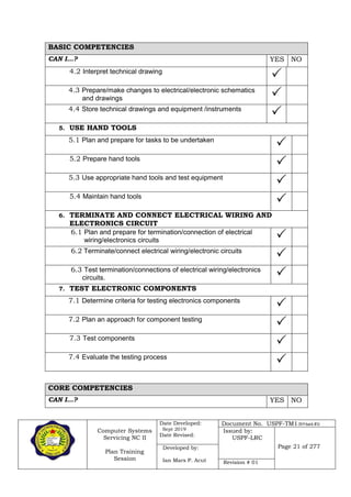 Computer Systems
Servicing NC II
Plan Training
Session
Date Developed:
Sept 2019
Date Revised:
Document No. USPF-TM1-2019-batch #34
Issued by:
USPF-LRC
Page 21 of 277Developed by:
Ian Mars P. Acut Revision # 01
BASIC COMPETENCIES
CAN I…? YES NO
4.2 Interpret technical drawing

4.3 Prepare/make changes to electrical/electronic schematics
and drawings 
4.4 Store technical drawings and equipment /instruments

5. USE HAND TOOLS
5.1 Plan and prepare for tasks to be undertaken

5.2 Prepare hand tools

5.3 Use appropriate hand tools and test equipment

5.4 Maintain hand tools

6. TERMINATE AND CONNECT ELECTRICAL WIRING AND
ELECTRONICS CIRCUIT
6.1 Plan and prepare for termination/connection of electrical
wiring/electronics circuits 
6.2 Terminate/connect electrical wiring/electronic circuits

6.3 Test termination/connections of electrical wiring/electronics
circuits. 
7. TEST ELECTRONIC COMPONENTS
7.1 Determine criteria for testing electronics components

7.2 Plan an approach for component testing

7.3 Test components

7.4 Evaluate the testing process

CORE COMPETENCIES
CAN I…? YES NO
 
