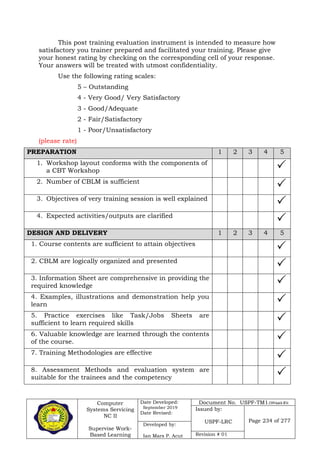 Computer
Systems Servicing
NC II
Supervise Work-
Based Learning
Date Developed:
September 2019
Date Revised:
Document No. USPF-TM1-2109-batch #34
Issued by:
USPF-LRC Page 234 of 277
Developed by:
Ian Mars P. Acut Revision # 01
This post training evaluation instrument is intended to measure how
satisfactory you trainer prepared and facilitated your training. Please give
your honest rating by checking on the corresponding cell of your response.
Your answers will be treated with utmost confidentiality.
Use the following rating scales:
5 – Outstanding
4 - Very Good/ Very Satisfactory
3 - Good/Adequate
2 - Fair/Satisfactory
1 - Poor/Unsatisfactory
(please rate)
PREPARATION 1 2 3 4 5
1. Workshop layout conforms with the components of
a CBT Workshop 
2. Number of CBLM is sufficient

3. Objectives of very training session is well explained

4. Expected activities/outputs are clarified

DESIGN AND DELIVERY 1 2 3 4 5
1. Course contents are sufficient to attain objectives

2. CBLM are logically organized and presented

3. Information Sheet are comprehensive in providing the
required knowledge 
4. Examples, illustrations and demonstration help you
learn 
5. Practice exercises like Task/Jobs Sheets are
sufficient to learn required skills 
6. Valuable knowledge are learned through the contents
of the course. 
7. Training Methodologies are effective

8. Assessment Methods and evaluation system are
suitable for the trainees and the competency 
 