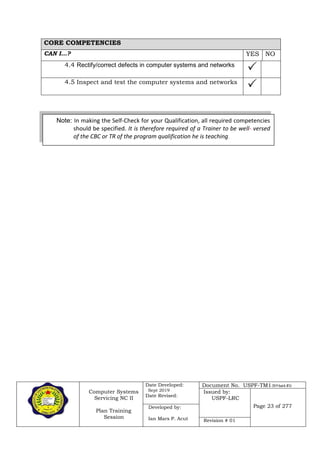 Computer Systems
Servicing NC II
Plan Training
Session
Date Developed:
Sept 2019
Date Revised:
Document No. USPF-TM1-2019-batch #34
Issued by:
USPF-LRC
Page 23 of 277Developed by:
Ian Mars P. Acut Revision # 01
CORE COMPETENCIES
CAN I…? YES NO
4.4 Rectify/correct defects in computer systems and networks

4.5 Inspect and test the computer systems and networks

Note: In making the Self-Check for your Qualification, all required competencies
should be specified. It is therefore required of a Trainer to be well- versed
of the CBC or TR of the program qualification he is teaching.
 